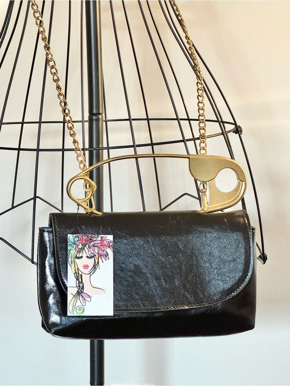New Black Faux Leather Jumbo Safety Pin Crossbody Clutch Purse w/ Chain Strap